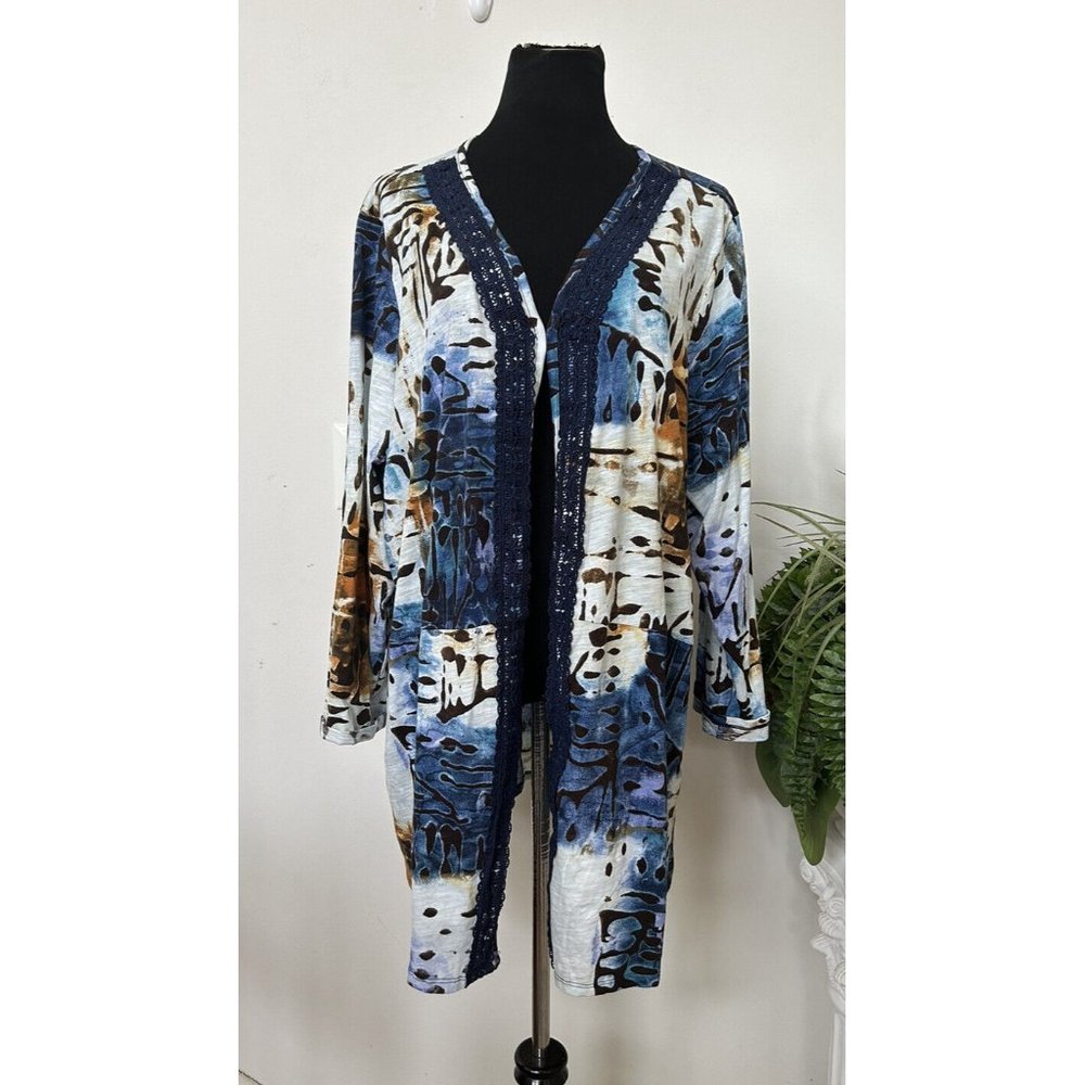 Logo Lori Goldstein 2X Cotton Women's Twilight Blue Abstract‎ Dye Slub Cardigan